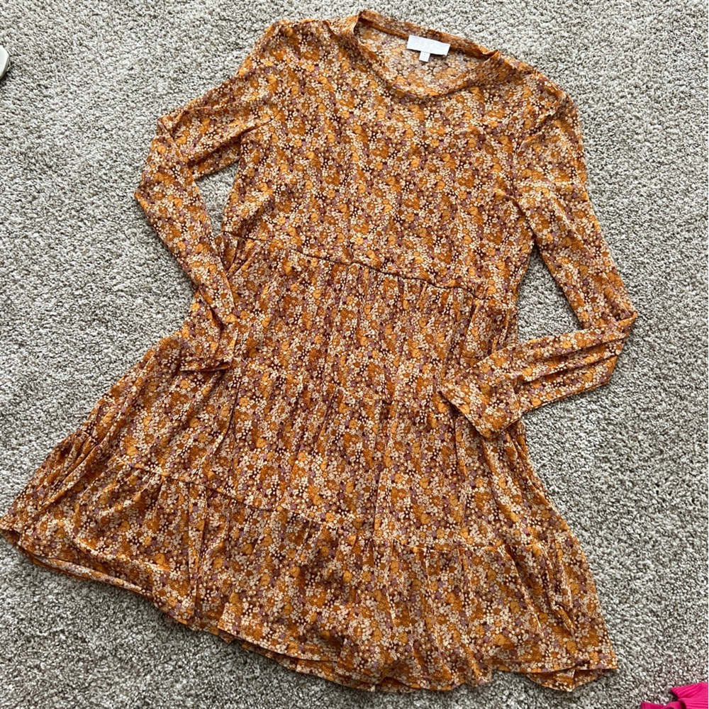 Floral 70s print long sleeve skater tiered mini dress